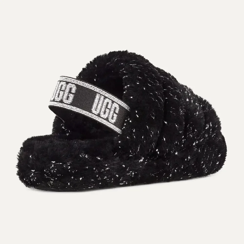 NEW UGG Kid Youth Fluff Yeah Metallic Sparkle Black Slingback Slide Slipper - Picture 4 of 6